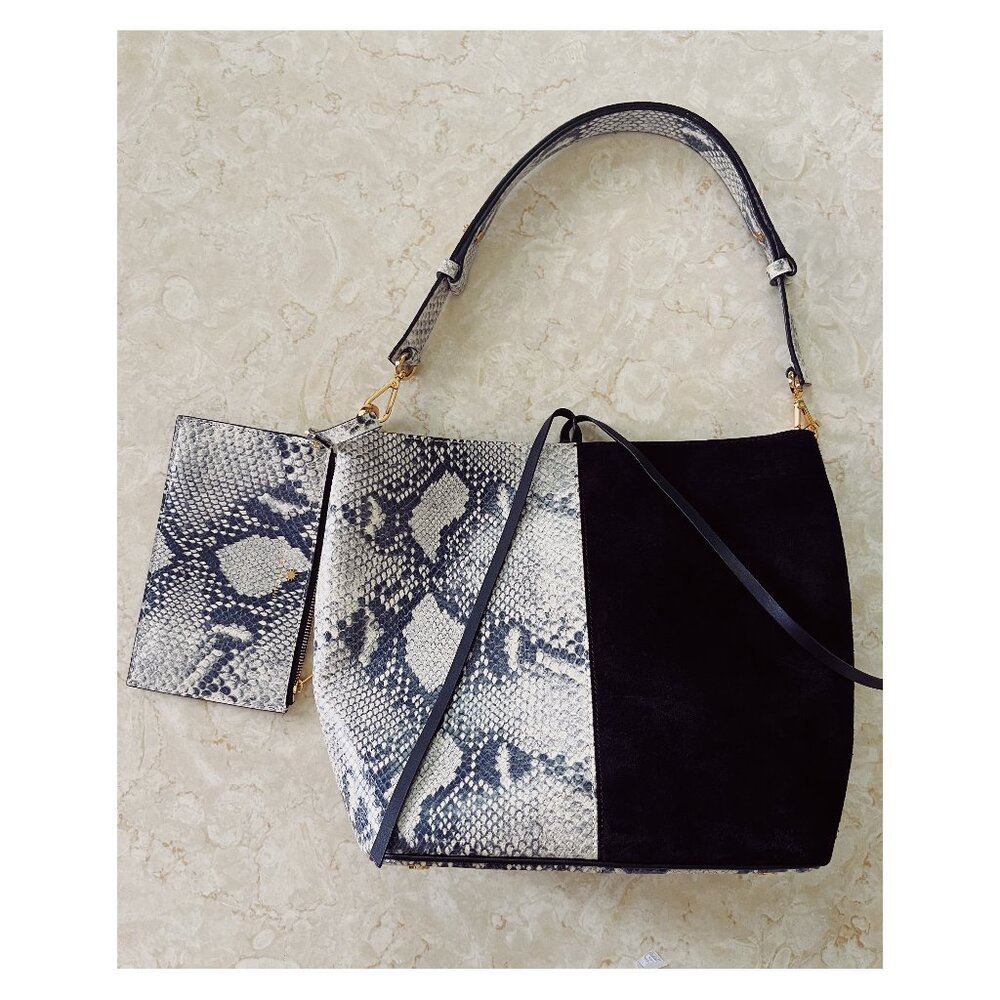 Stuart Weitzman Snakeskin and Black Suede Colorblock Bucket Bag